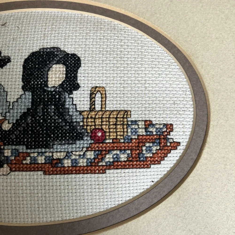 Vintage Hand Cross‎ Stitch Amish boy and girl doll picnic blanket Wood Frame
